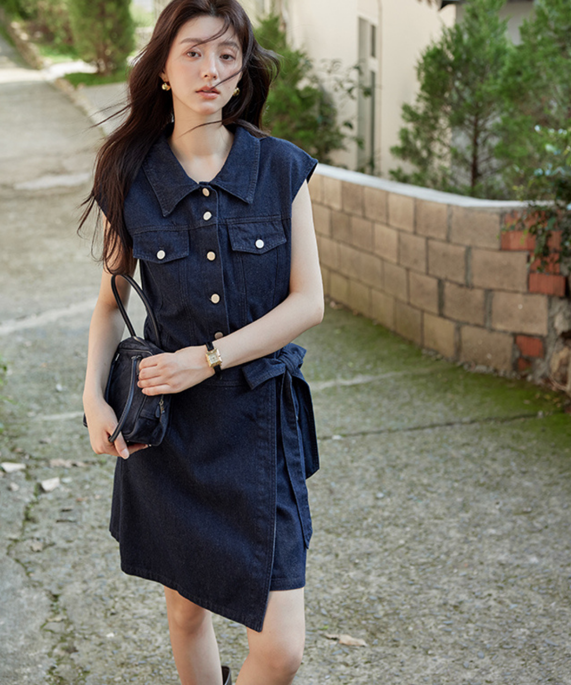 ノースリーブラップデザインデニムワンピース