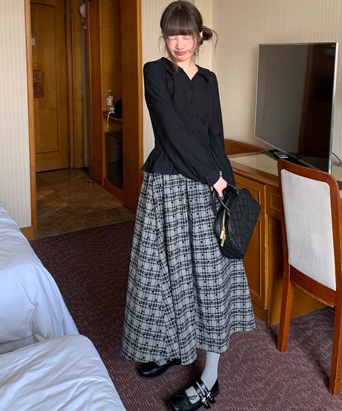 【LEJA】チェック柄レイヤードペプラムセットアップワンピースドレス Sサイズ Leja（レジャ）の「【LEJA】チェック柄レイヤードペプラム