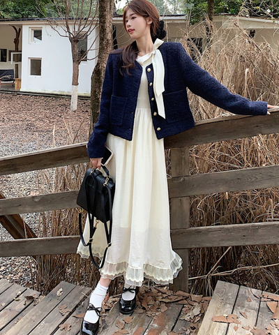 レース裾リボンフィットフレアワンピース