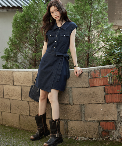ノースリーブラップデザインデニムワンピース
