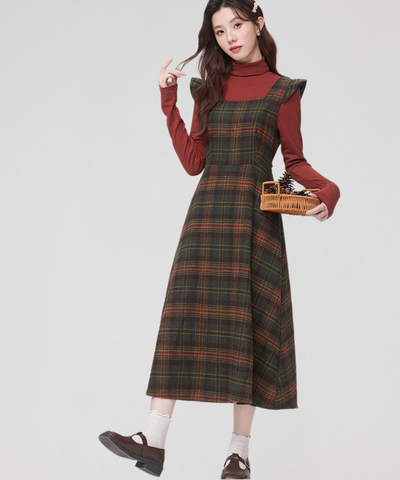 スクエアネック肩フリルチェック柄ワンピース