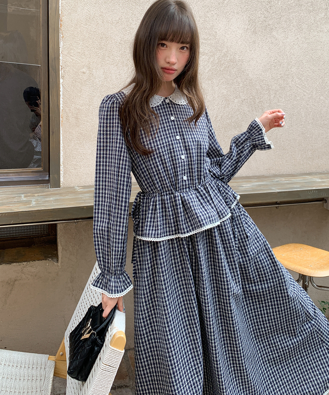 ラウンドカラーペプラム風ギンガムワンピース