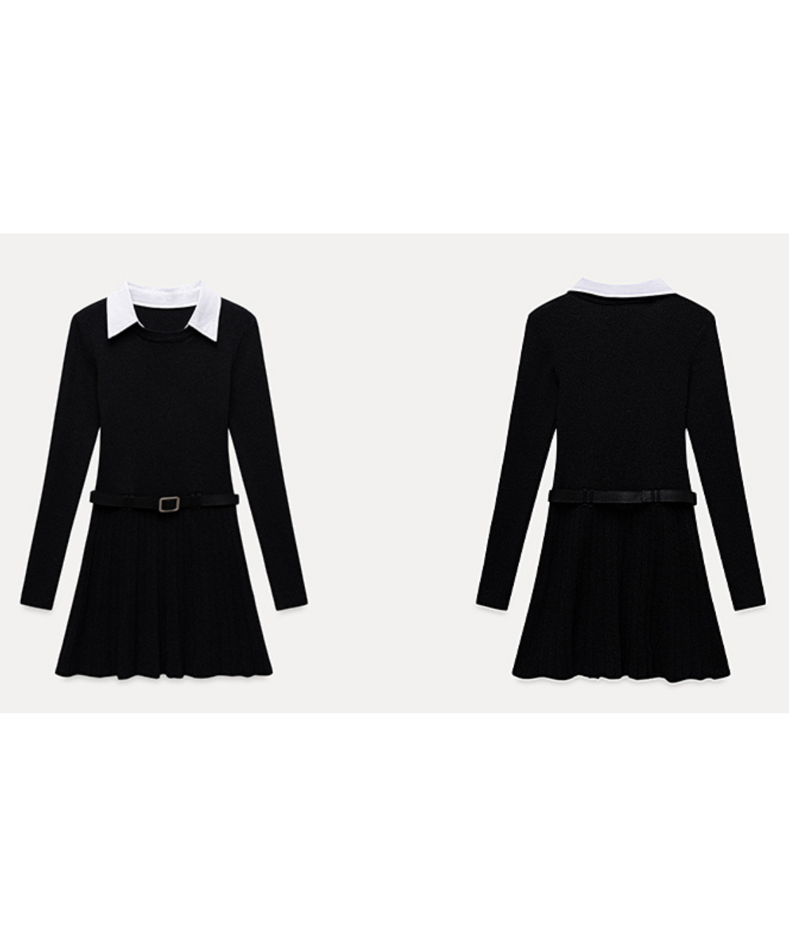 配色シャツ襟プリーツニットワンピース