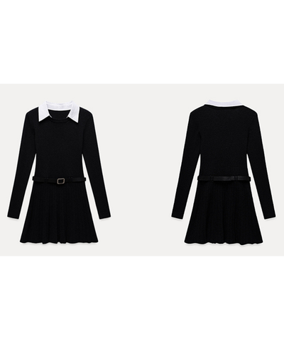 配色シャツ襟プリーツニットワンピース