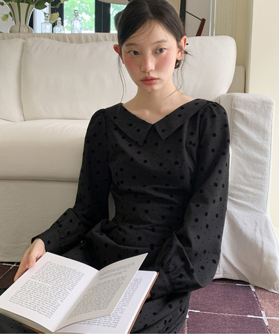 花柄フロッキードットフラットカラーワンピース