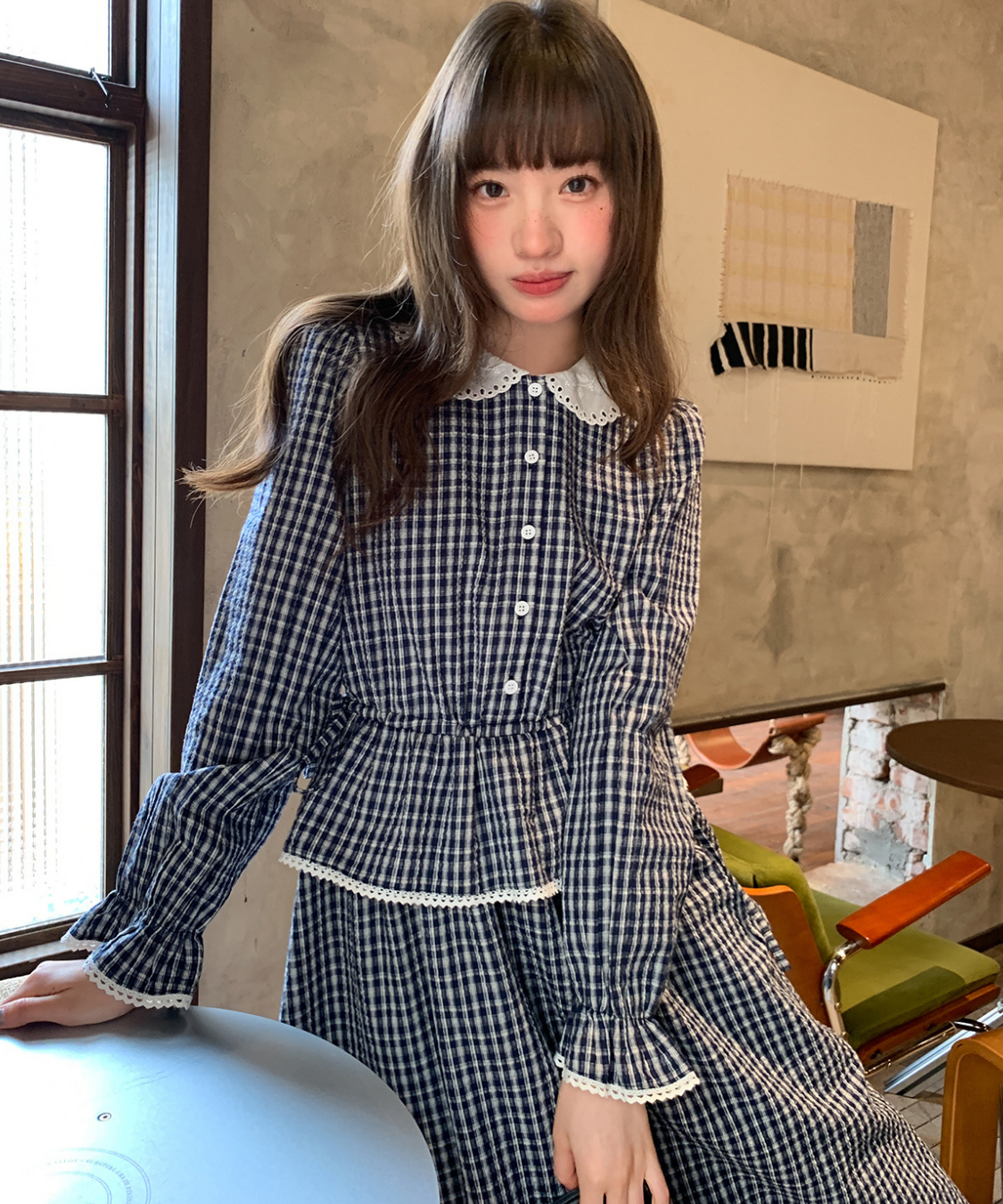 ラウンドカラーペプラム風ギンガムワンピース