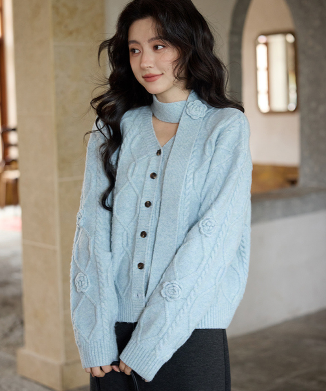 フラワーニットタイ付きケーブルカーディガン – jemiremi（ジェミレミ）