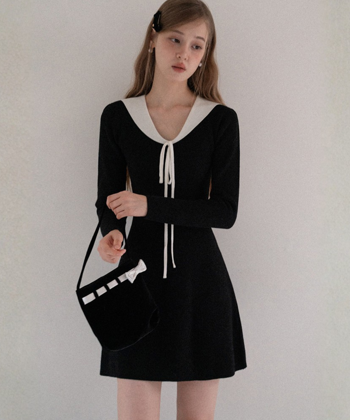 配色カラー風リボン付きミニワンピース