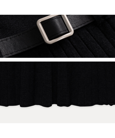 配色シャツ襟プリーツニットワンピース