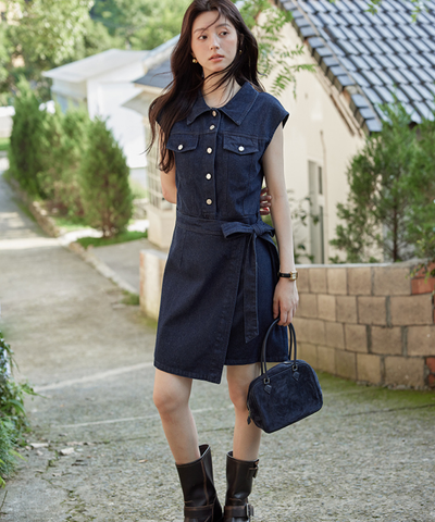 ノースリーブラップデザインデニムワンピース
