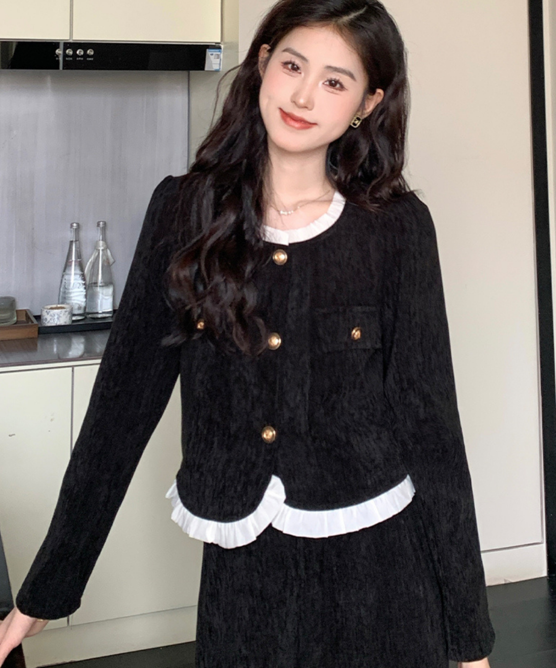 フリル襟コーデュロイジャケット＋ストレートスカート 2点セット