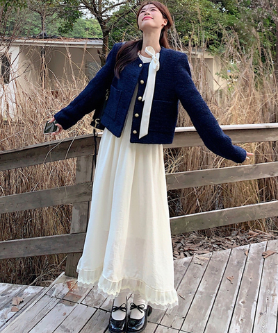 レース裾リボンフィットフレアワンピース