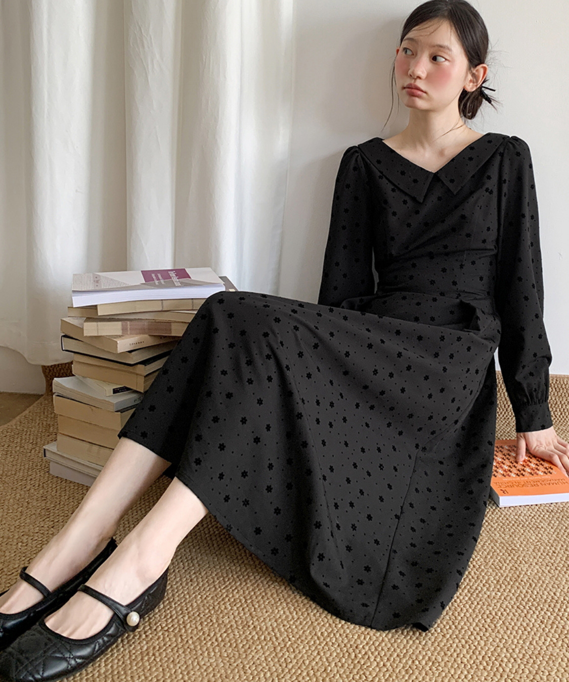 花柄フロッキードットフラットカラーワンピース