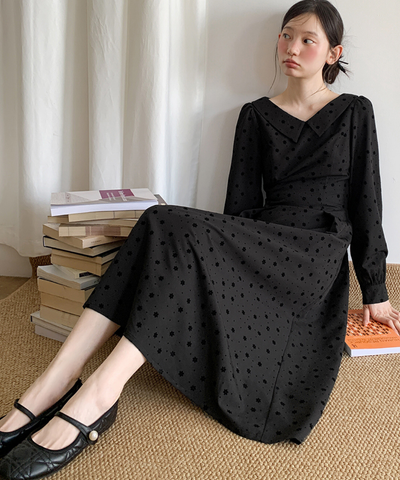 花柄フロッキードットフラットカラーワンピース