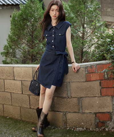 ノースリーブラップデザインデニムワンピース