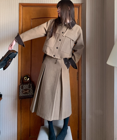 ドロスト付き配色ジャケット＋ボックスプリーツスカート 2点セット