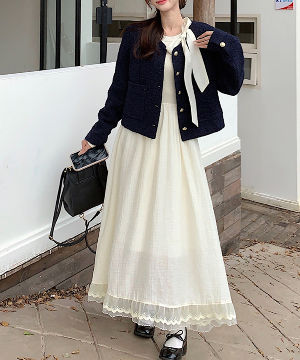 レース裾リボンフィットフレアワンピース