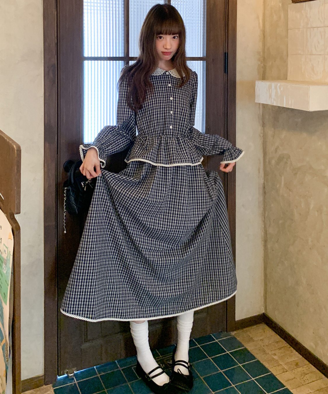 ラウンドカラーペプラム風ギンガムワンピース