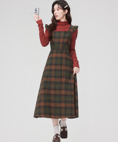 スクエアネック肩フリルチェック柄ワンピース