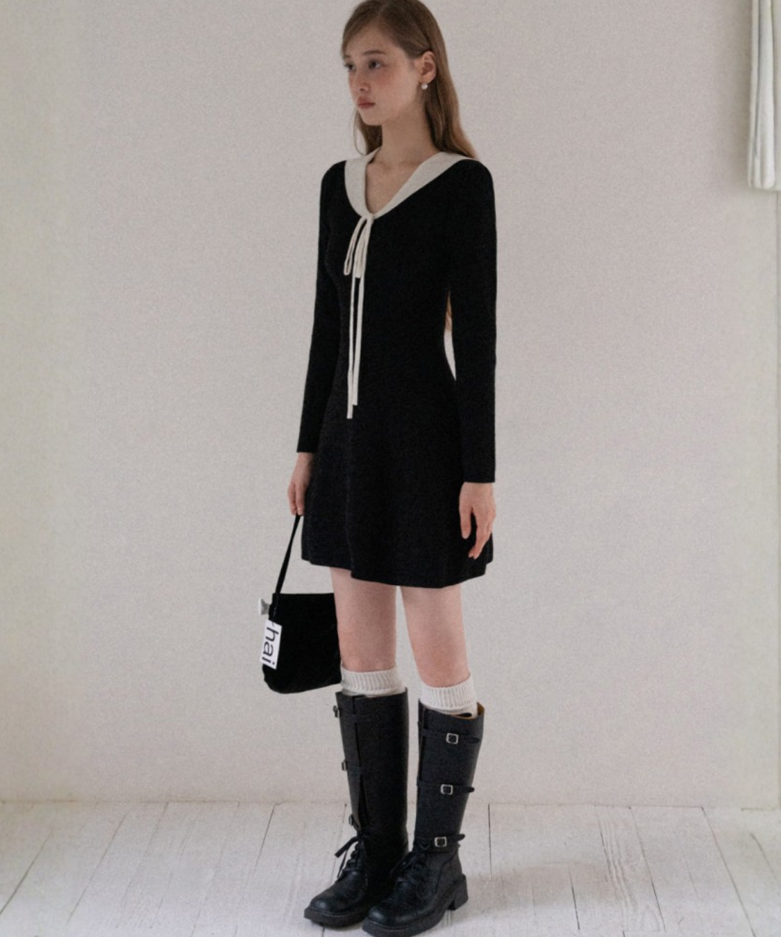 配色カラー風リボン付きミニワンピース