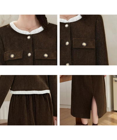 フリル襟コーデュロイジャケット＋ストレートスカート 2点セット