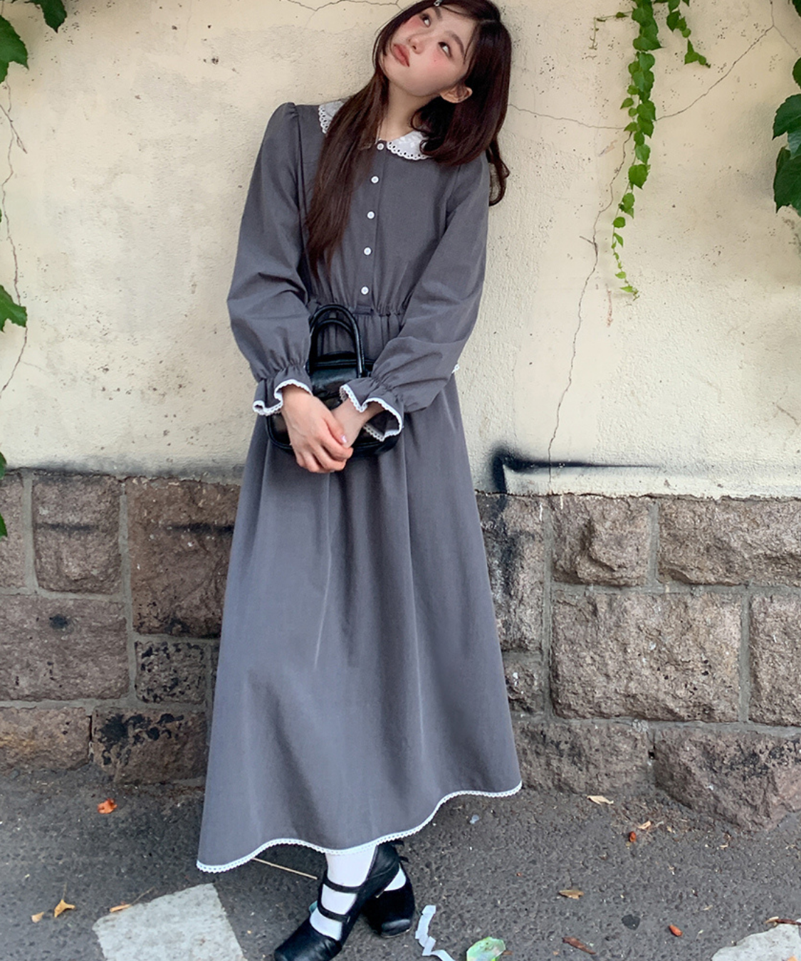 ラウンドカラーペプラム風ギンガムワンピース