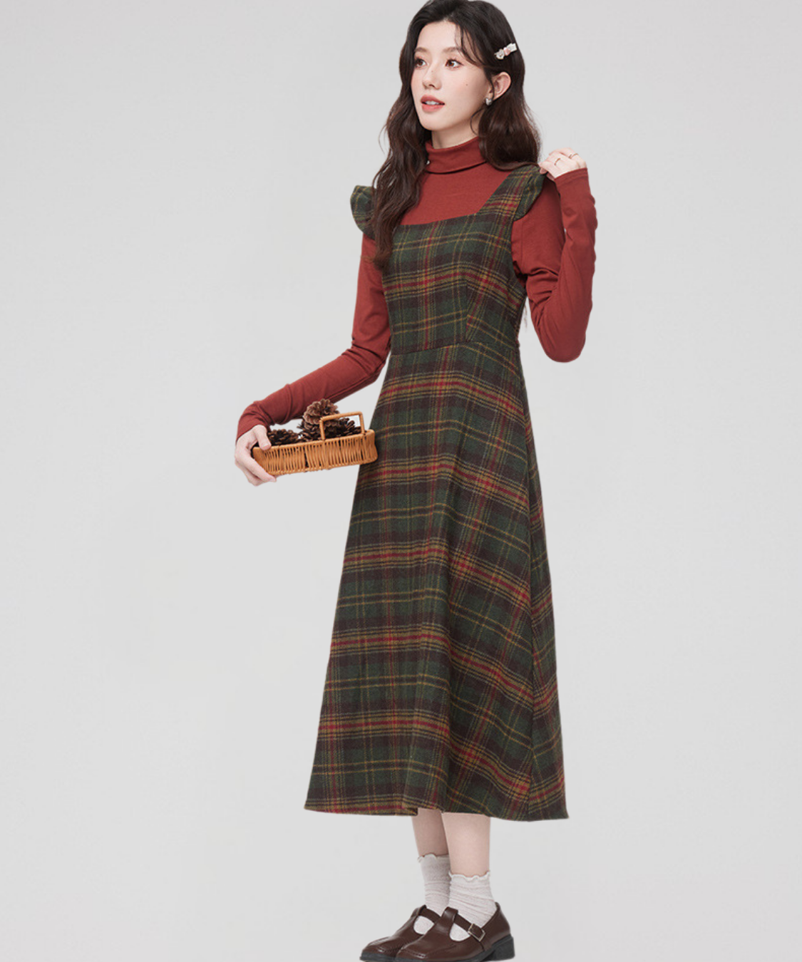 スクエアネック肩フリルチェック柄ワンピース