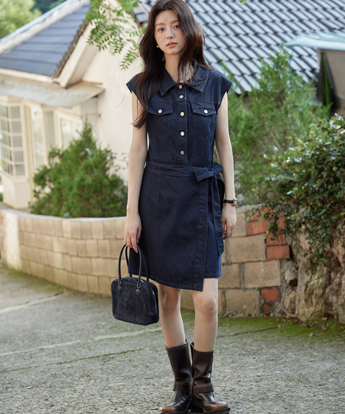 ノースリーブラップデザインデニムワンピース