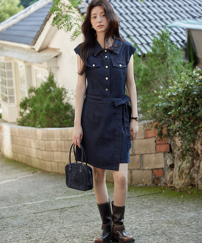 ノースリーブラップデザインデニムワンピース