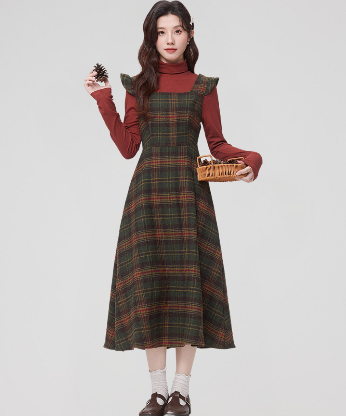 スクエアネック肩フリルチェック柄ワンピース