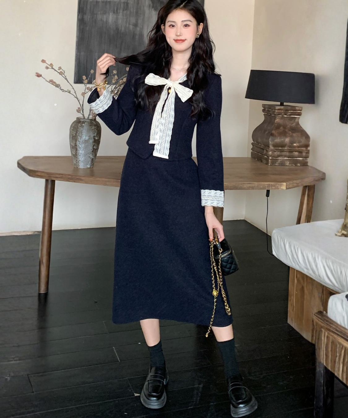 リボンタイレーストリムジャケット＋スカート 2点セット