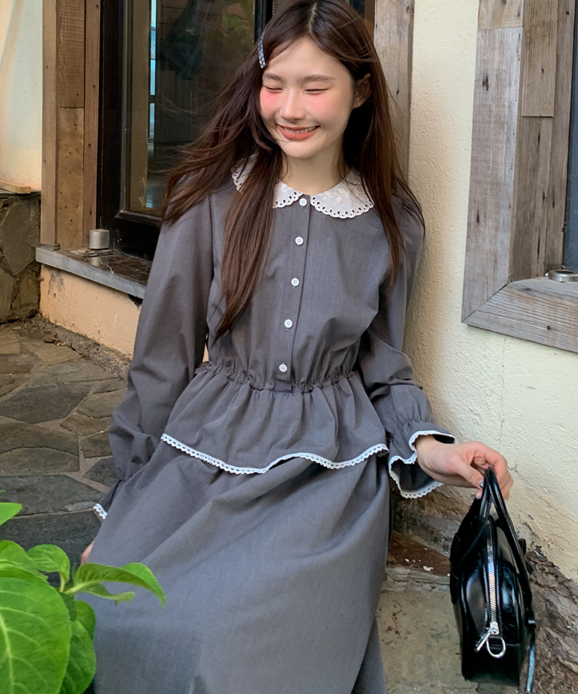 ラウンドカラーペプラム風ギンガムワンピース