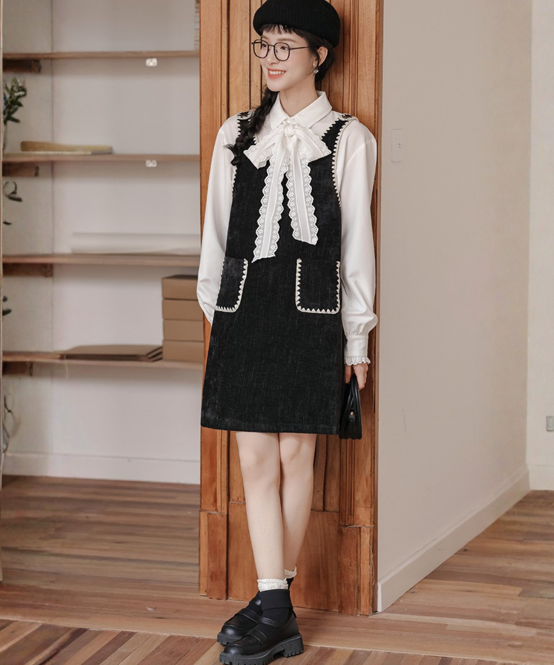 配色ステッチコーデュロイジャンパースカート