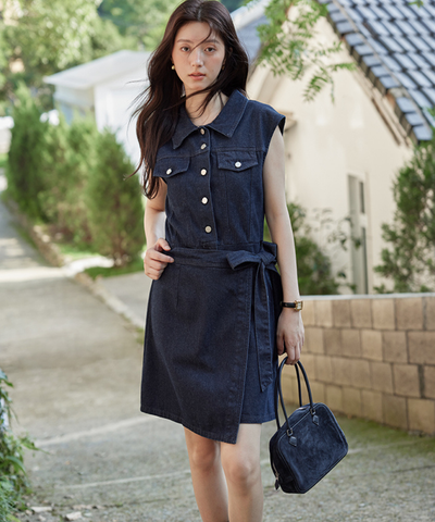 ノースリーブラップデザインデニムワンピース