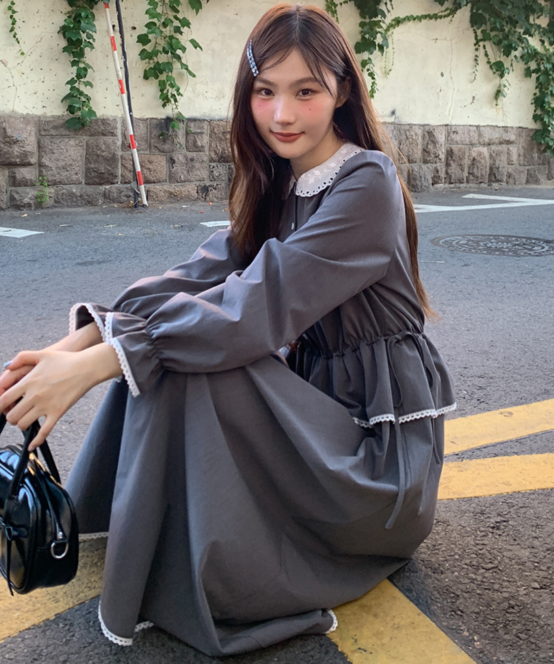 ラウンドカラーペプラム風ギンガムワンピース