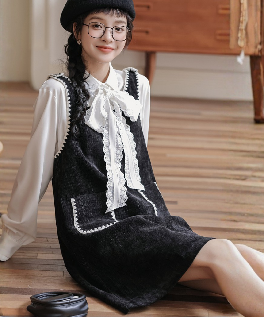 配色ステッチコーデュロイジャンパースカート