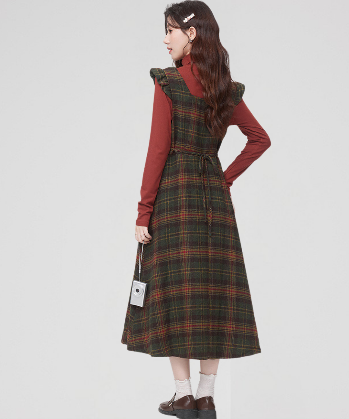 スクエアネック肩フリルチェック柄ワンピース