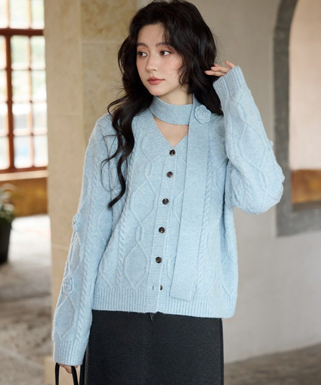 needle 水色カーディガン Sサイズ フラワーニットタイ付きケーブルカーディガン – jemiremi（ジェミレミ）