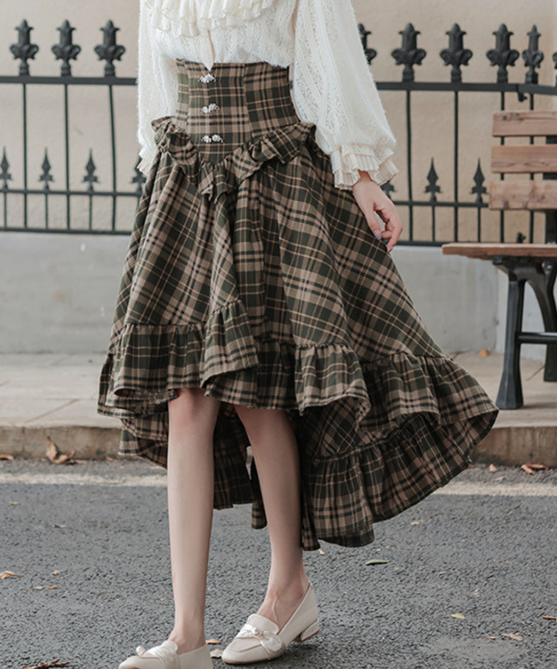 コルセット風ハイウエストチェックフリルスカート