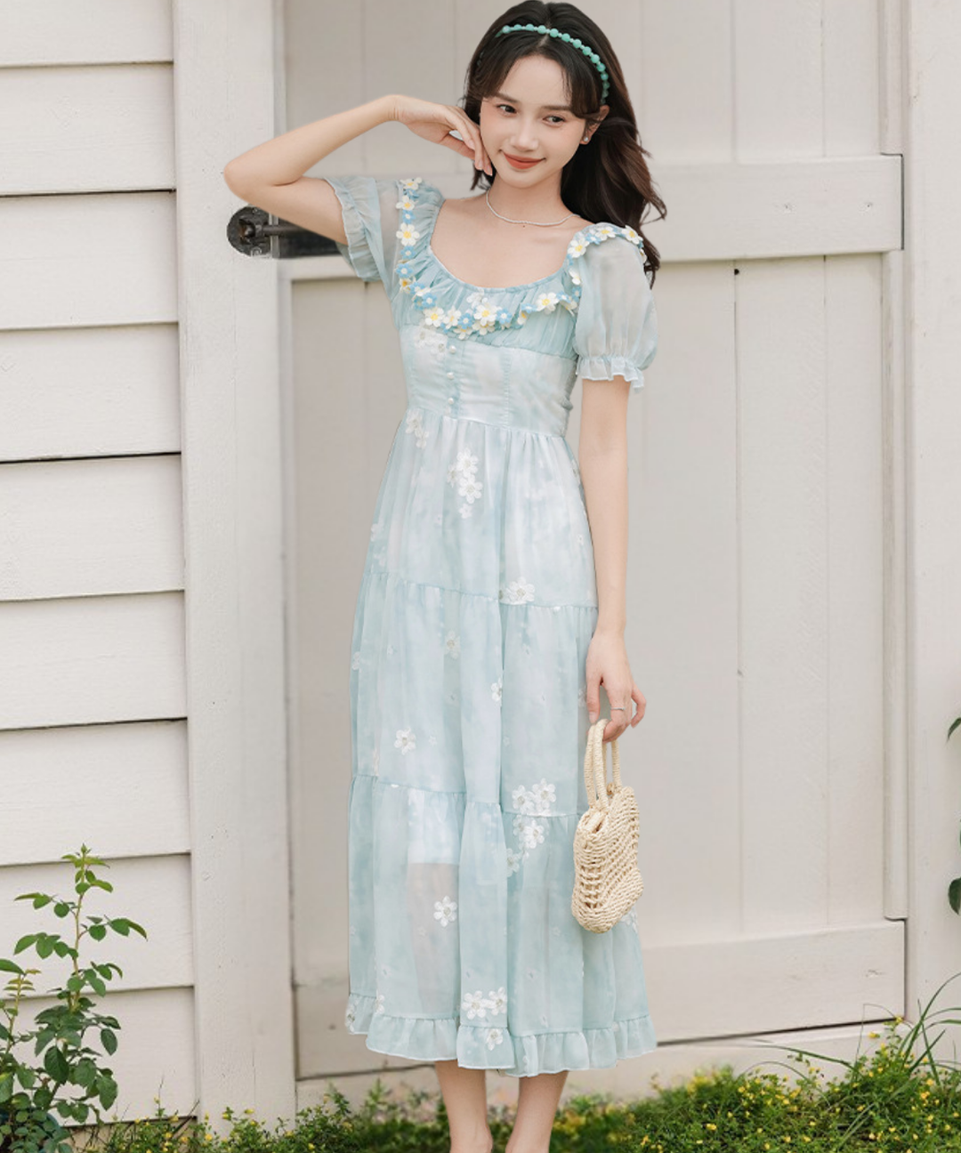 フラワーフリルカラーシフォンパフスリーブワンピース フラワーフリルカラーシフォンパフスリーブワンピース