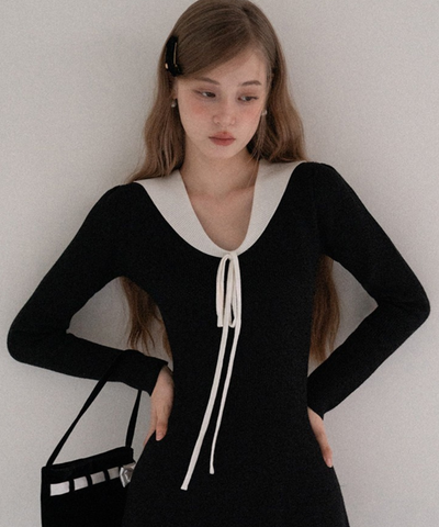 配色カラー風リボン付きミニワンピース