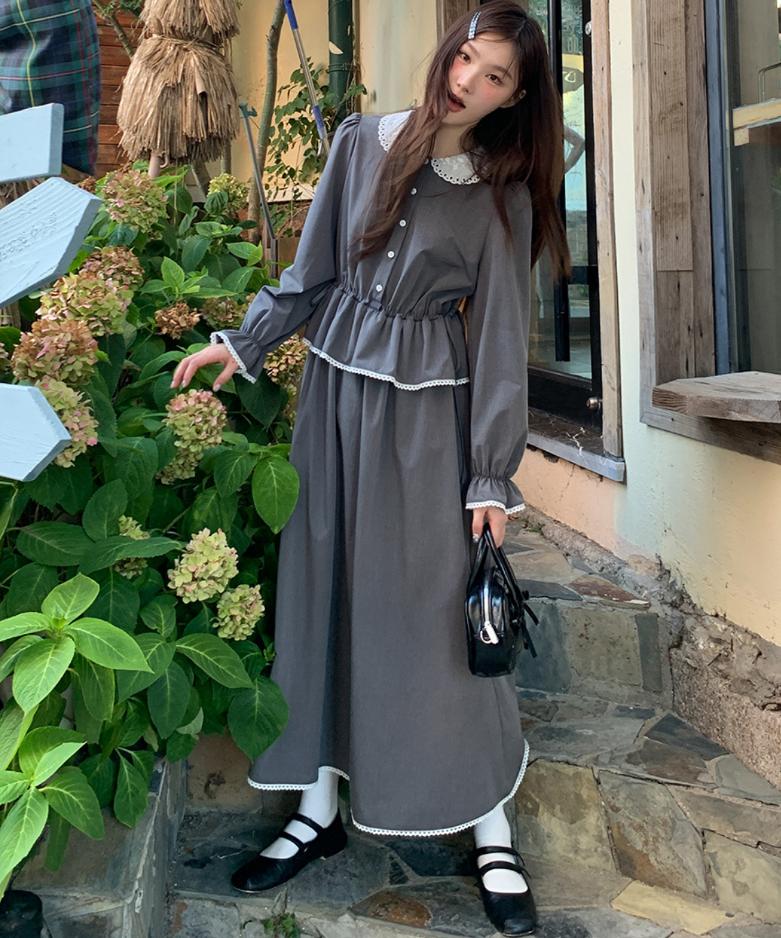 ラウンドカラーペプラム風ギンガムワンピース