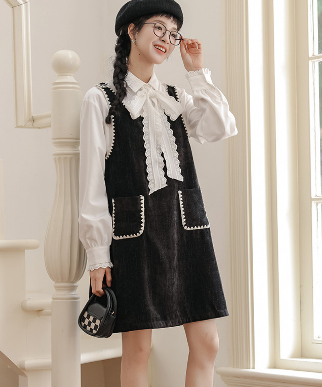 配色ステッチコーデュロイジャンパースカート