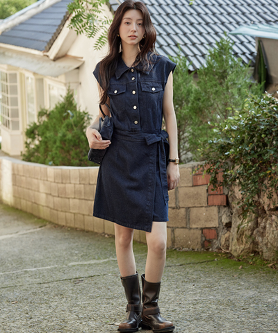 ノースリーブラップデザインデニムワンピース