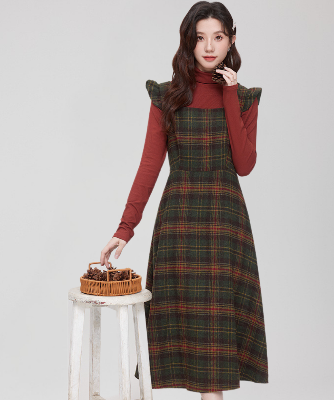 スクエアネック肩フリルチェック柄ワンピース