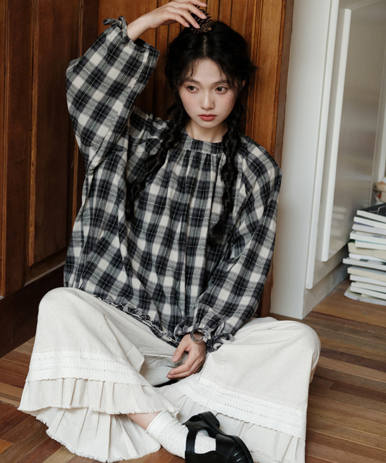 袖リボンレースチェックブラウス – jemiremi（ジェミレミ）