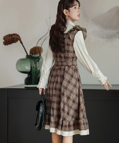 ピンタックブラウスドッキングチェック柄ワンピース