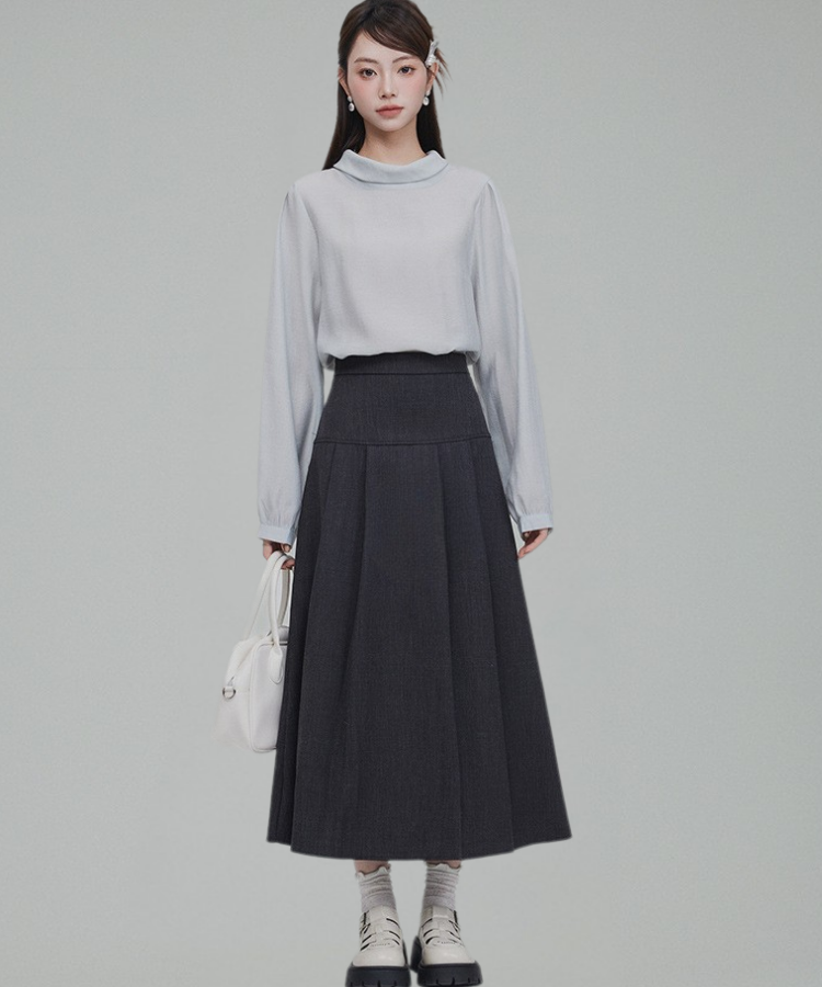 バックリボンブラウス＋無地ノースリーブベスト＋フレアタックスカート 3点セット