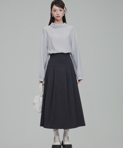 バックリボンブラウス＋無地ノースリーブベスト＋フレアタックスカート 3点セット