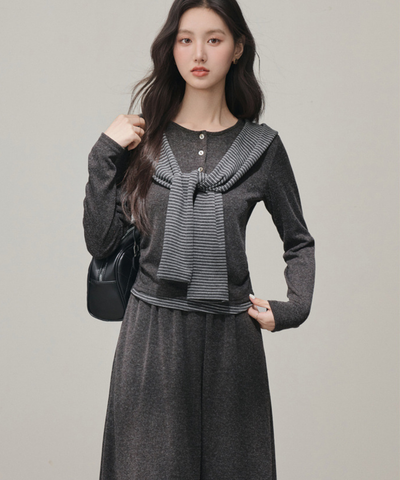 ヘンリーネックニット＋ロングスカート＋フード付きボーダーショール 3点セット